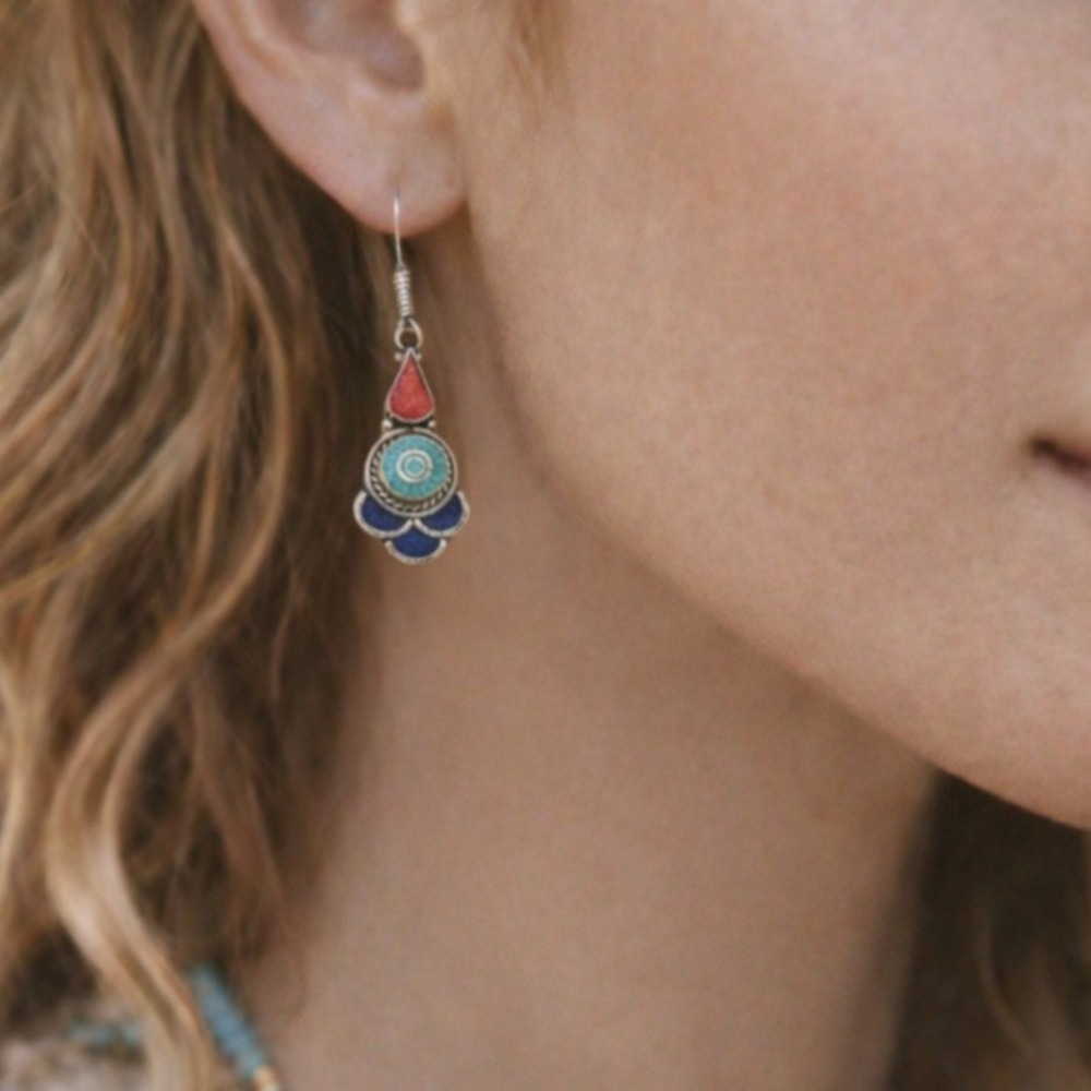 Tibetan Handmade‎ Dangle Earrings Turquoise, red coral, lapis Gemstones #0148
